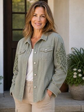 Chico's Sage Green Embroidered Denim Jacket, size 2 (Large 12/14)